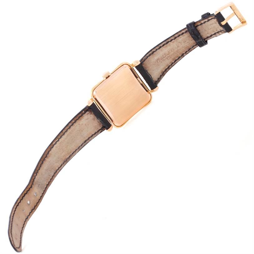 The image shows the rear view and inner side of the strap of a Patek Philippe Calatrava 2493 Men's Rose Gold Silver Dial 2493 Men's Rose Gold Silver Dial watch.