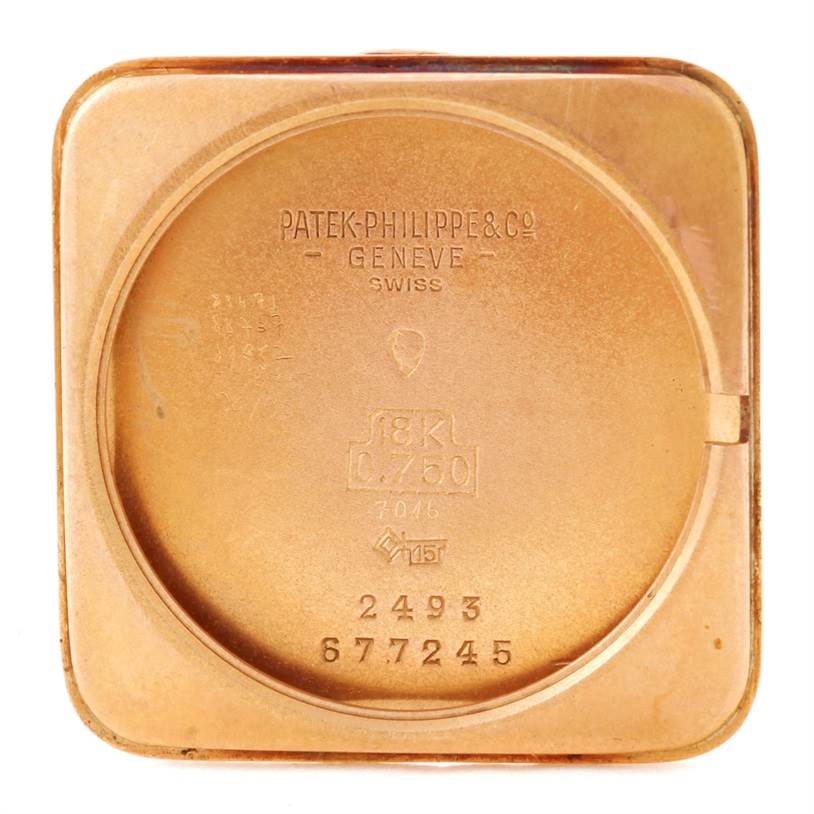 This image shows the engraved interior back case of a Patek Philippe Calatrava 2493 Men's Rose Gold Silver Dial 2493 Men's Rose Gold Silver Dial watch.