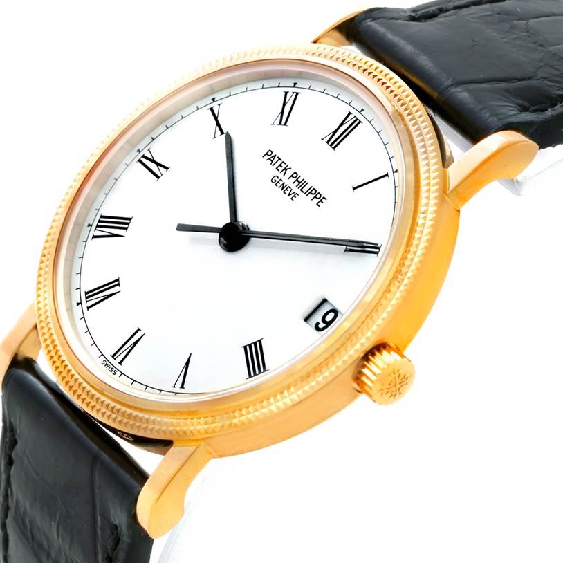 The image shows a Patek Philippe Calatrava 3802 Men's Yellow Gold White Dial 3802 Men's Yellow Gold White Dial watch at a three-quarter angle, highlighting its dial, crown, and leather strap.