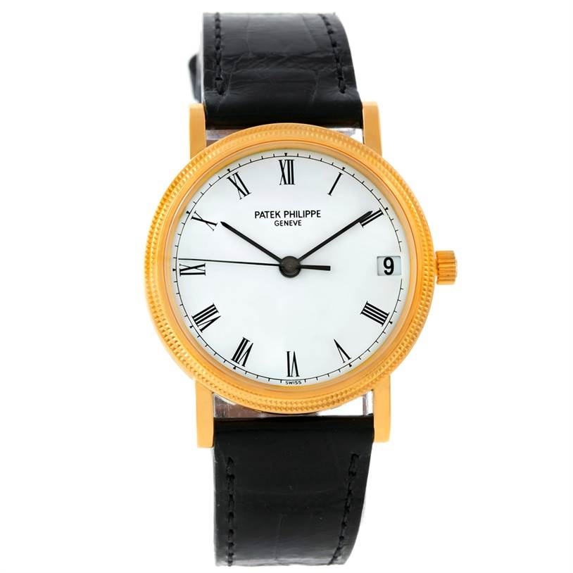 The image shows a front view of a Patek Philippe Calatrava 3802 Men's Yellow Gold White Dial 3802 Men's Yellow Gold White Dial watch with a gold case, black leather strap, and white dial with Roman numerals.