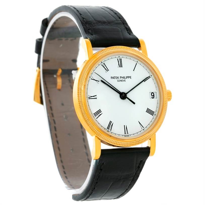 The image shows a Patek Philippe Calatrava 3802 Men's Yellow Gold White Dial 3802 Men's Yellow Gold White Dial model watch from an angled side view, highlighting its black strap and white dial with Roman numerals.