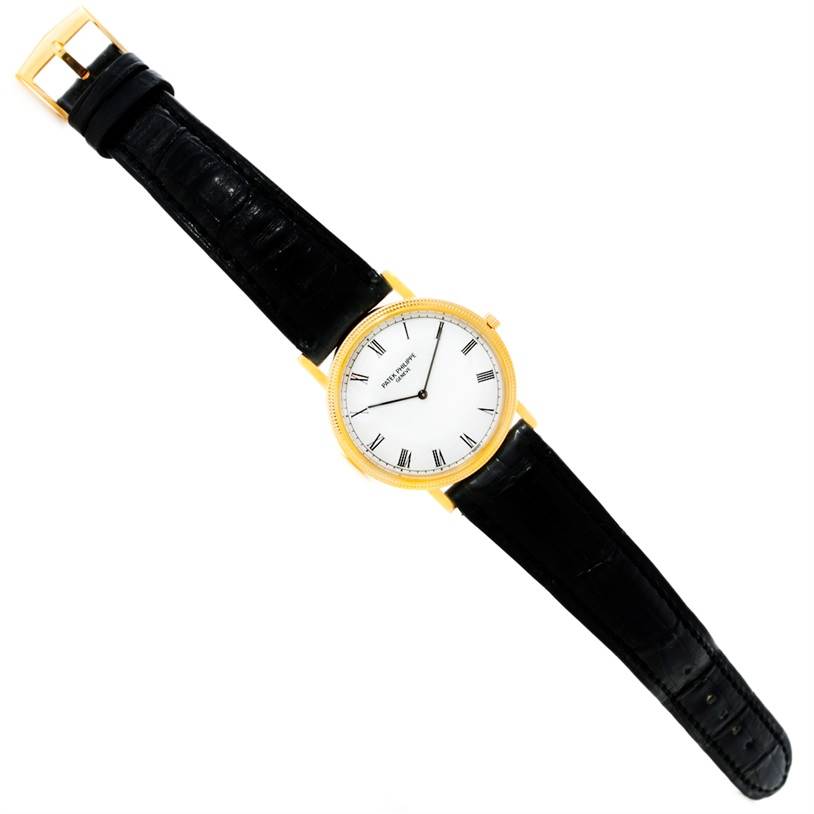 The image shows a Patek Philippe Calatrava 3520 Men's Yellow Gold White Dial 3520 Men's Yellow Gold White Dial watch, featuring a black leather strap, gold case, and white dial with Roman numerals, viewed from the front.
