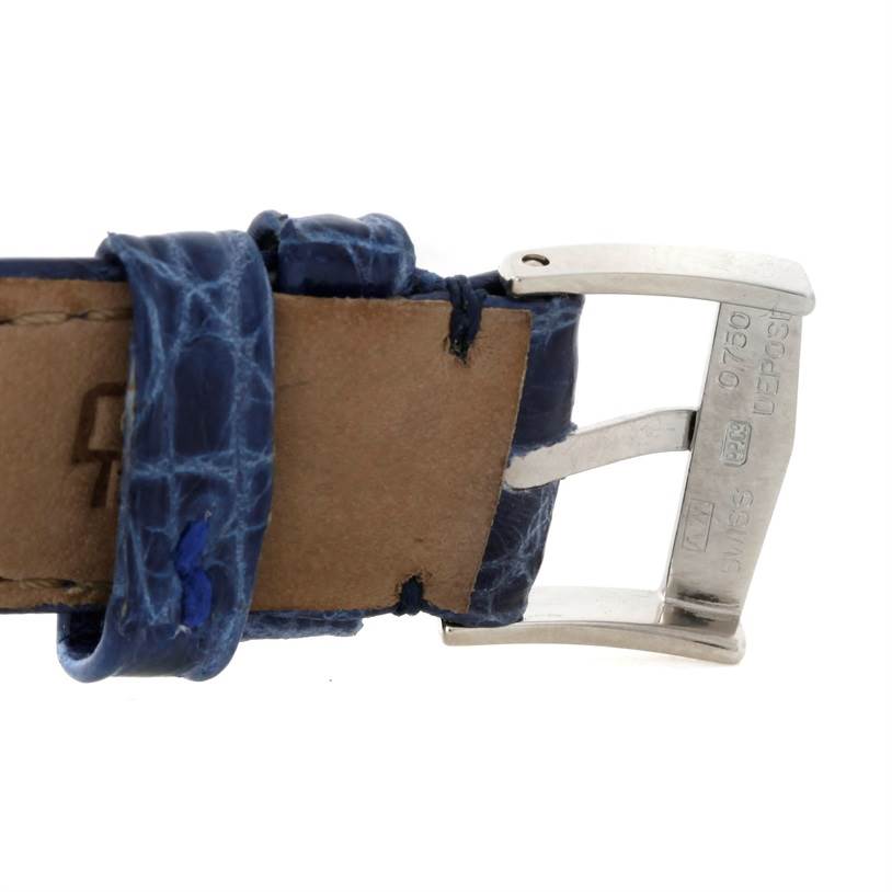 The image shows a close-up of the blue leather strap buckle of a Vintage Patek Philippe watch.