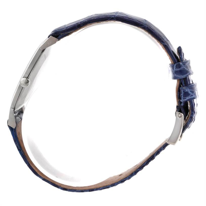 The side view of the Vintage Patek Philippe watch shows its blue strap and crown.