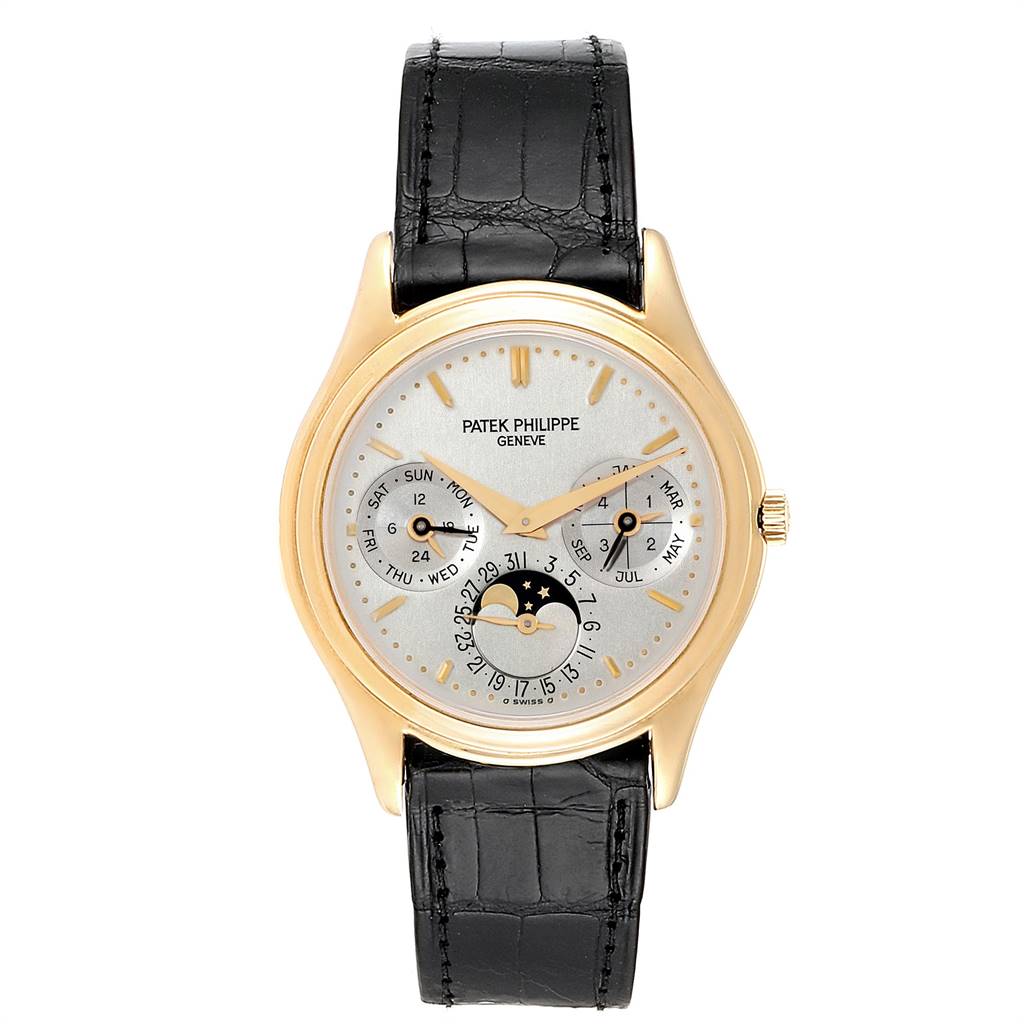 The image shows a full frontal view of a Patek Philippe 3940 Men's Yellow Gold Silver Dial 3940 Men's Yellow Gold Silver Dial Perpetual Calendar 18K Yellow Gold Watch 3940 Papers model.