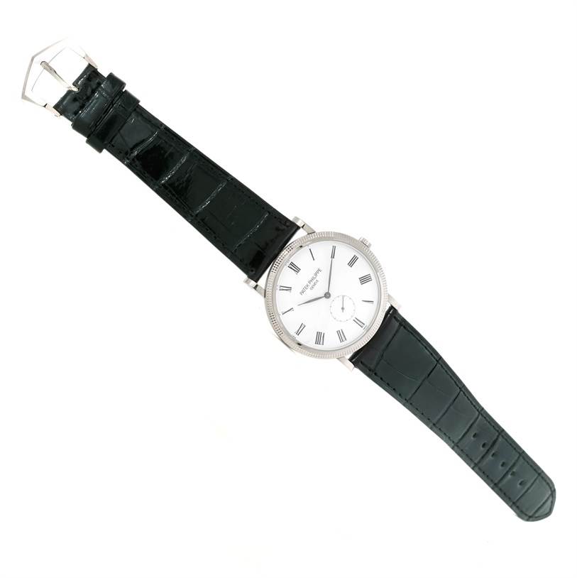The image shows a top-down view of a Patek Philippe Calatrava 5119G Men's White Gold White Dial 5119G Men's White Gold White Dial watch with its case, dial, and leather strap visible.