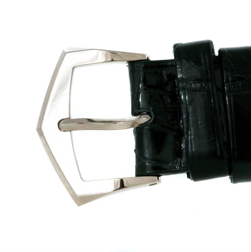 This image shows a close-up angle of the buckle and strap of a Patek Philippe Calatrava 5119G Men's White Gold White Dial 5119G Men's White Gold White Dial watch.