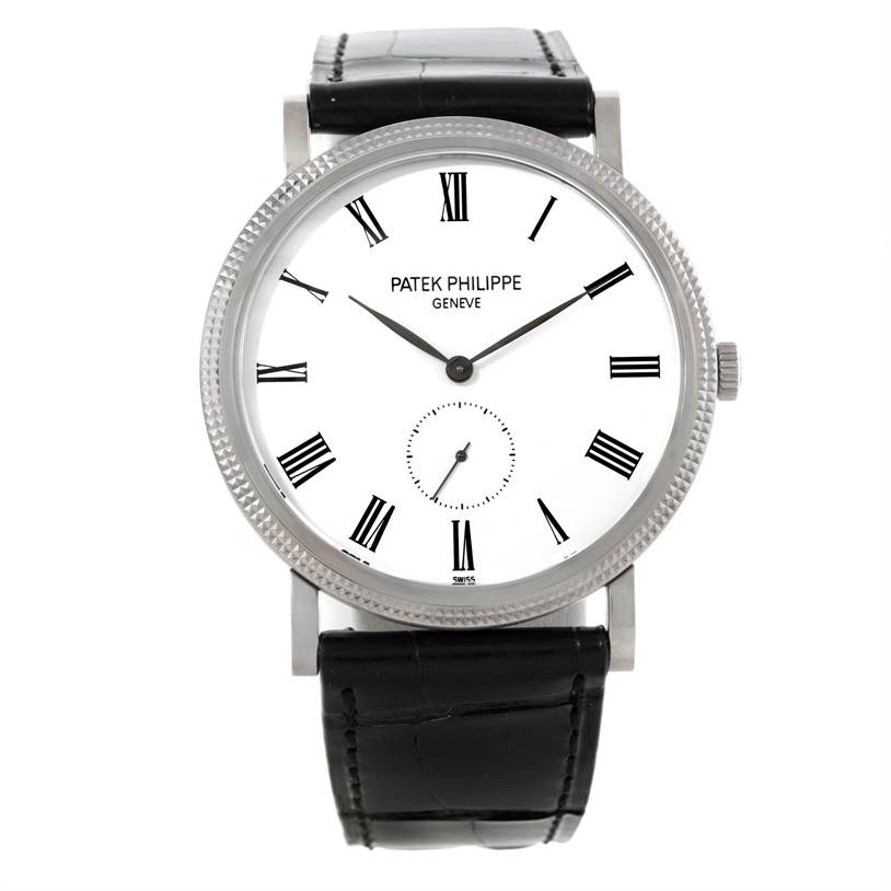 This image shows a front view of the Patek Philippe Calatrava 5119G Men's White Gold White Dial 5119G Men's White Gold White Dial watch, displaying the dial and leather strap.