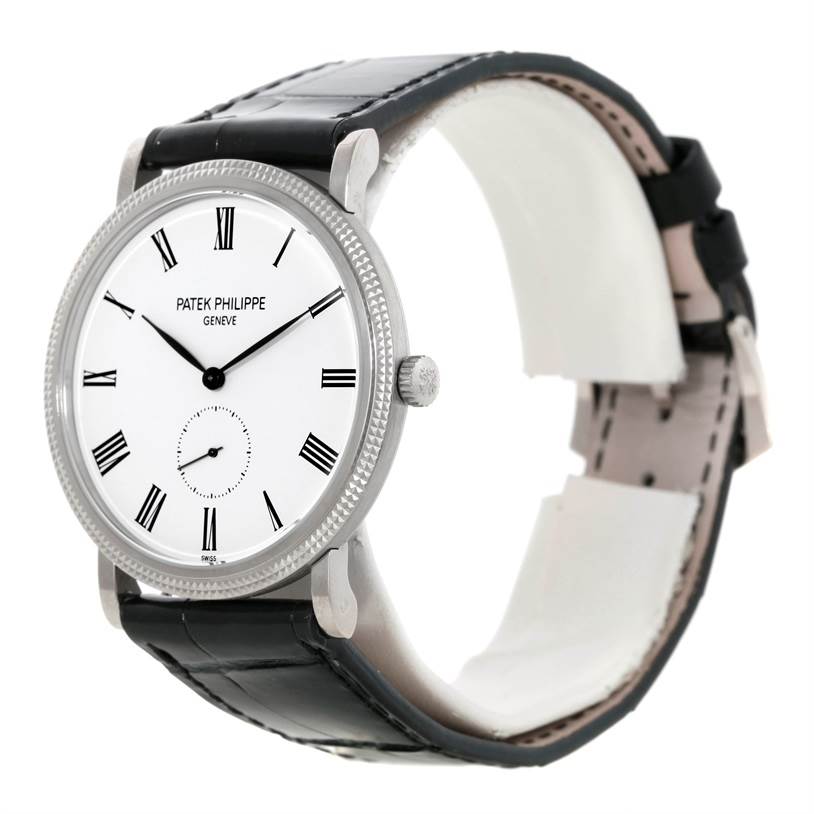 The image shows the front view of a Patek Philippe Calatrava 5119G Men's White Gold White Dial 5119G Men's White Gold White Dial watch with a white dial and a black leather strap.