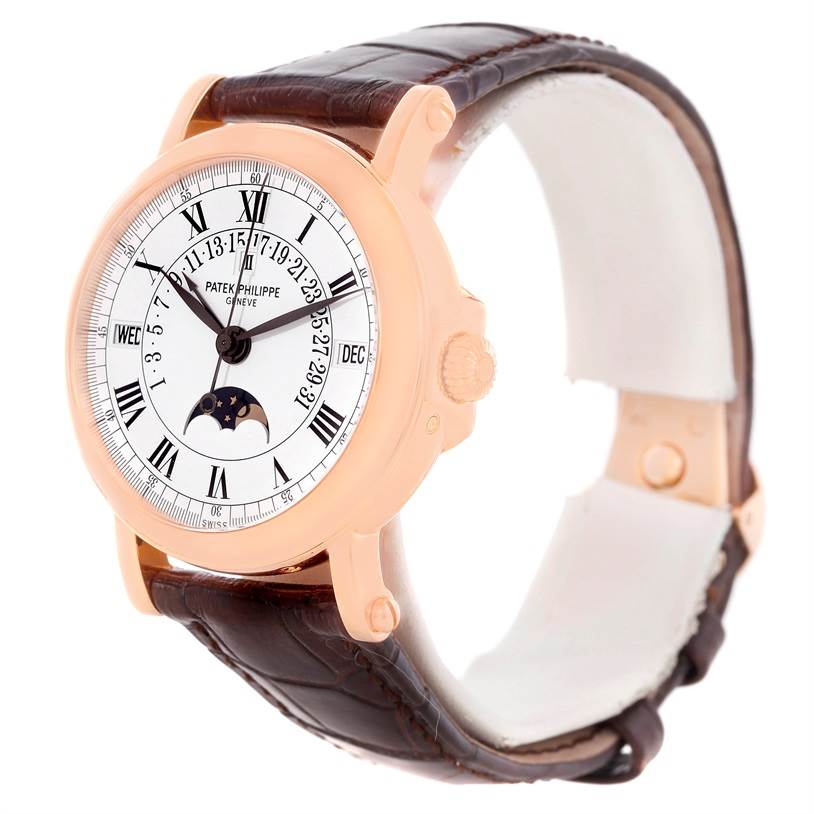 The Perpetual Calendar Retrograde 18k Rose Gold Watch 5059R by Patek Philippe 5059R Men
s Rose Gold White Dial 5059R Men
s Rose Gold White Dial is shown at an angle highlighting its face and side crown.