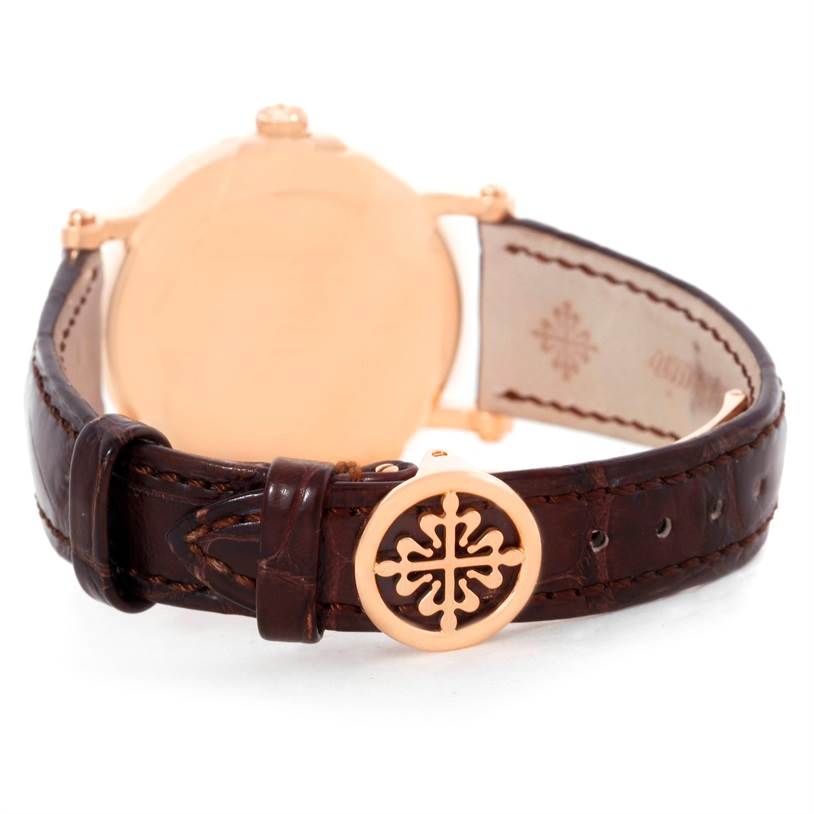 This image shows the back angle of the Patek Philippe 5059R Men
s Rose Gold White Dial 5059R Men
s Rose Gold White Dial Perpetual Calendar Retrograde 18k Rose Gold Watch 5059R, highlighting the strap and clasp.