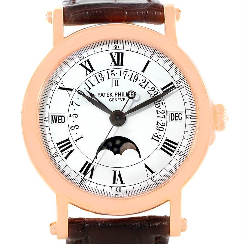 The image shows a front view of the Patek Philippe Perpetual Calendar Retrograde 18k Rose Gold Watch 5059R, displaying its face and leather strap.