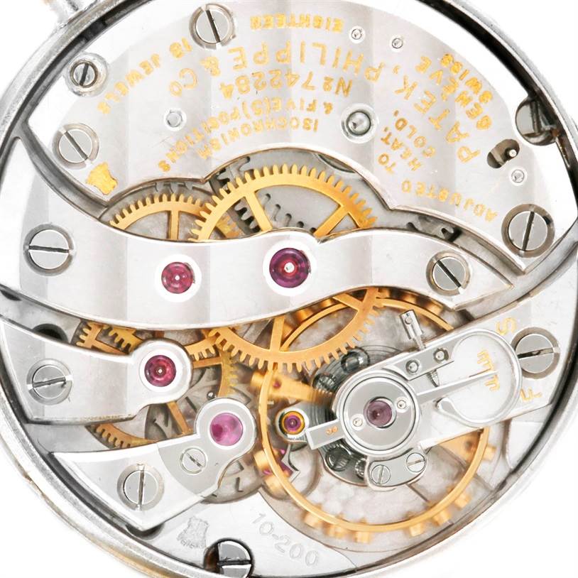 This image shows the intricate inner mechanics of a Vintage Patek Philippe watch, including gears and jewels.