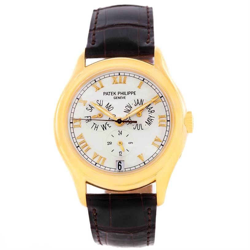 This image shows a frontal view of a Patek Philippe Complications 5035R Men
s Yellow Gold Silver Dial 5035R Men
s Yellow Gold Silver Dial model watch with its dial, case, and leather strap visible.