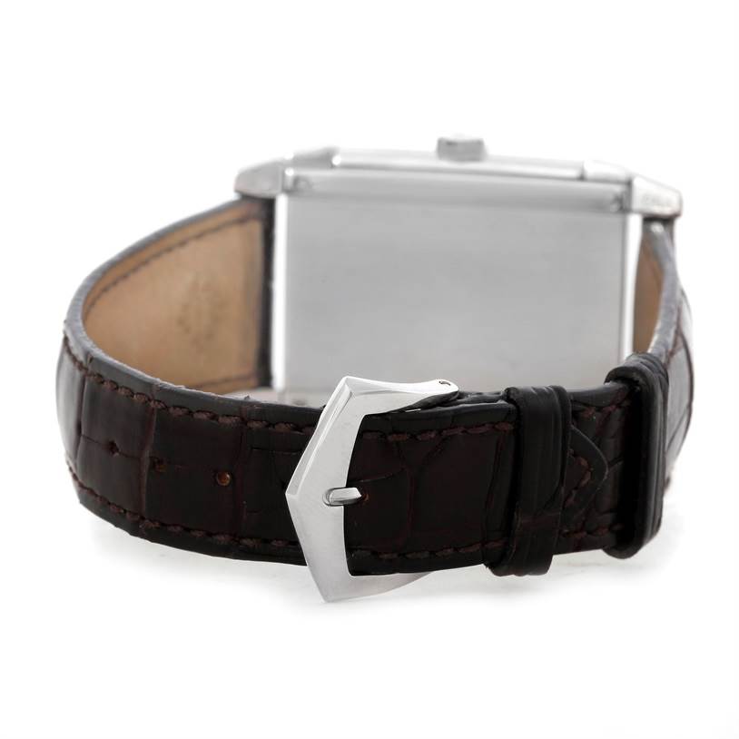 The image shows the back side of the Patek Philippe Gondolo 5111G Men's White Gold Silver Dial 5111G Men's White Gold Silver Dial watch with a focus on the leather strap and buckle.