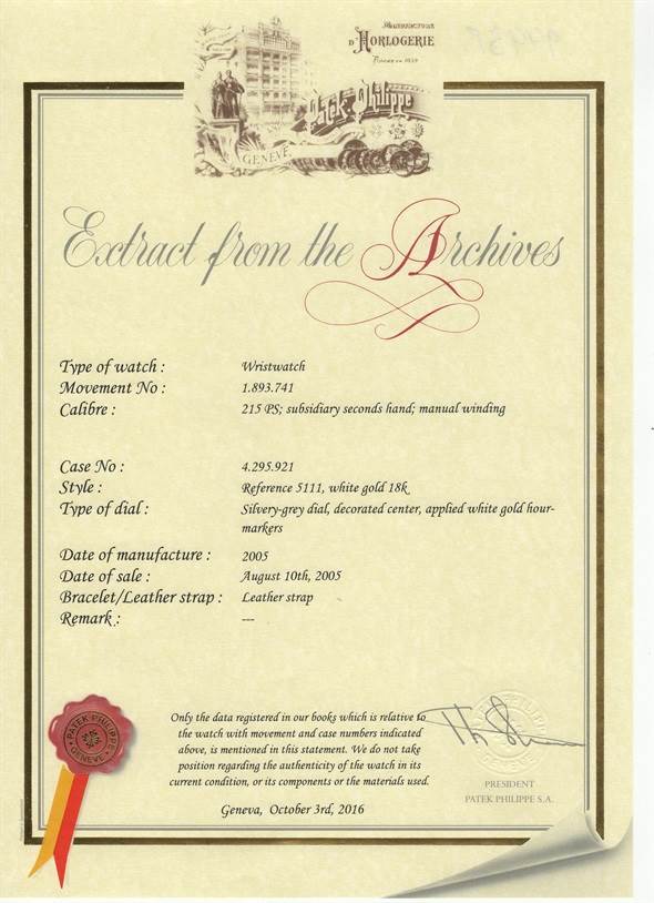 The image shows an "Extract from the Archives" certificate for the Patek Philippe Gondolo 5111G Men's White Gold Silver Dial 5111G Men's White Gold Silver Dial watch model.