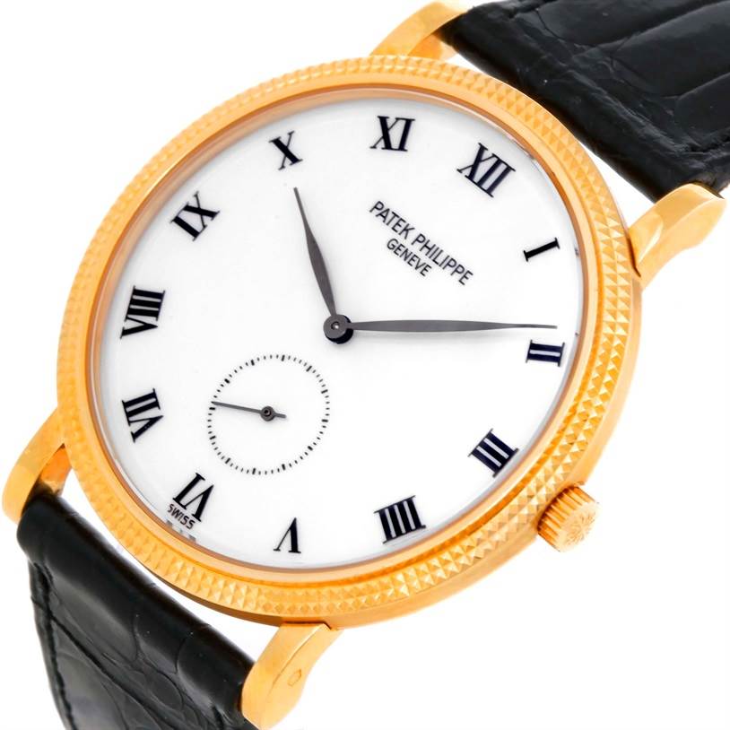 The watch, a Patek Philippe Calatrava 3919 Men's Yellow Gold White Dial 3919 Men's Yellow Gold White Dial model, is shown at an angled close-up highlighting the face, bezel, and black leather strap.