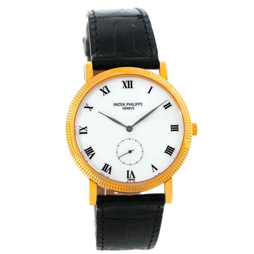 The image shows a frontal view of a Patek Philippe Calatrava 3919 Men's Yellow Gold White Dial 3919 Men's Yellow Gold White Dial watch with a gold case and black leather strap.