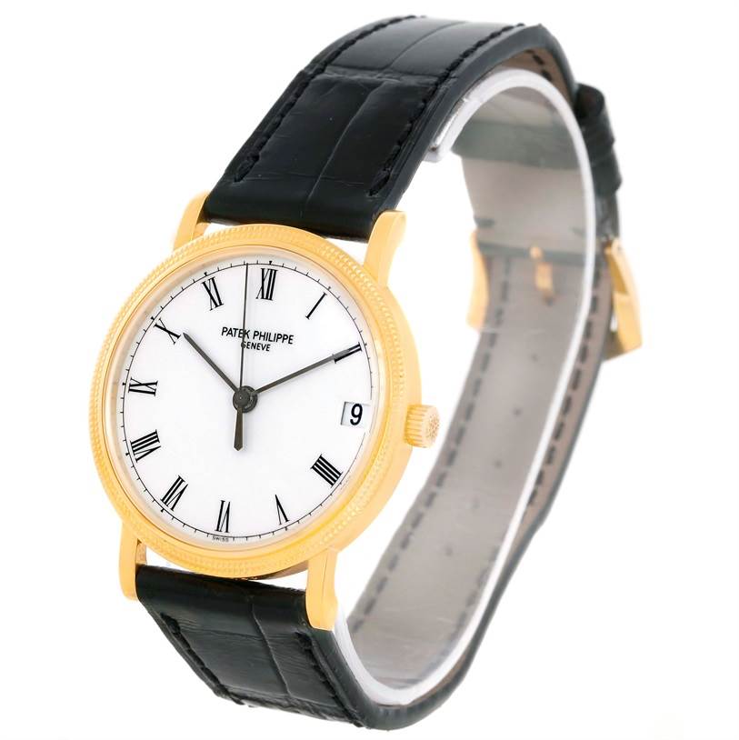 The image shows a Patek Philippe Calatrava 3802 Men's Yellow Gold White Dial 3802 Men's Yellow Gold White Dial watch at a slight angle, displaying its white dial, Roman numerals, gold case, and black leather strap.