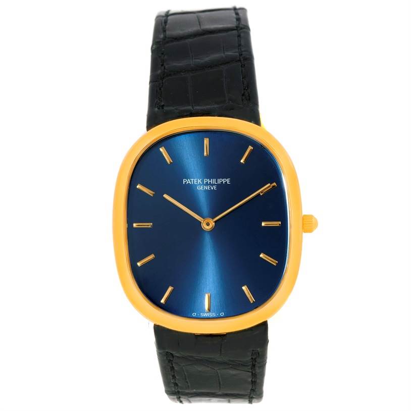The image shows a front view of the Patek Philippe Golden Ellipse 3738 Men's Yellow Gold Blue Dial 3738 Men's Yellow Gold Blue Dial watch with a blue dial and black leather strap.