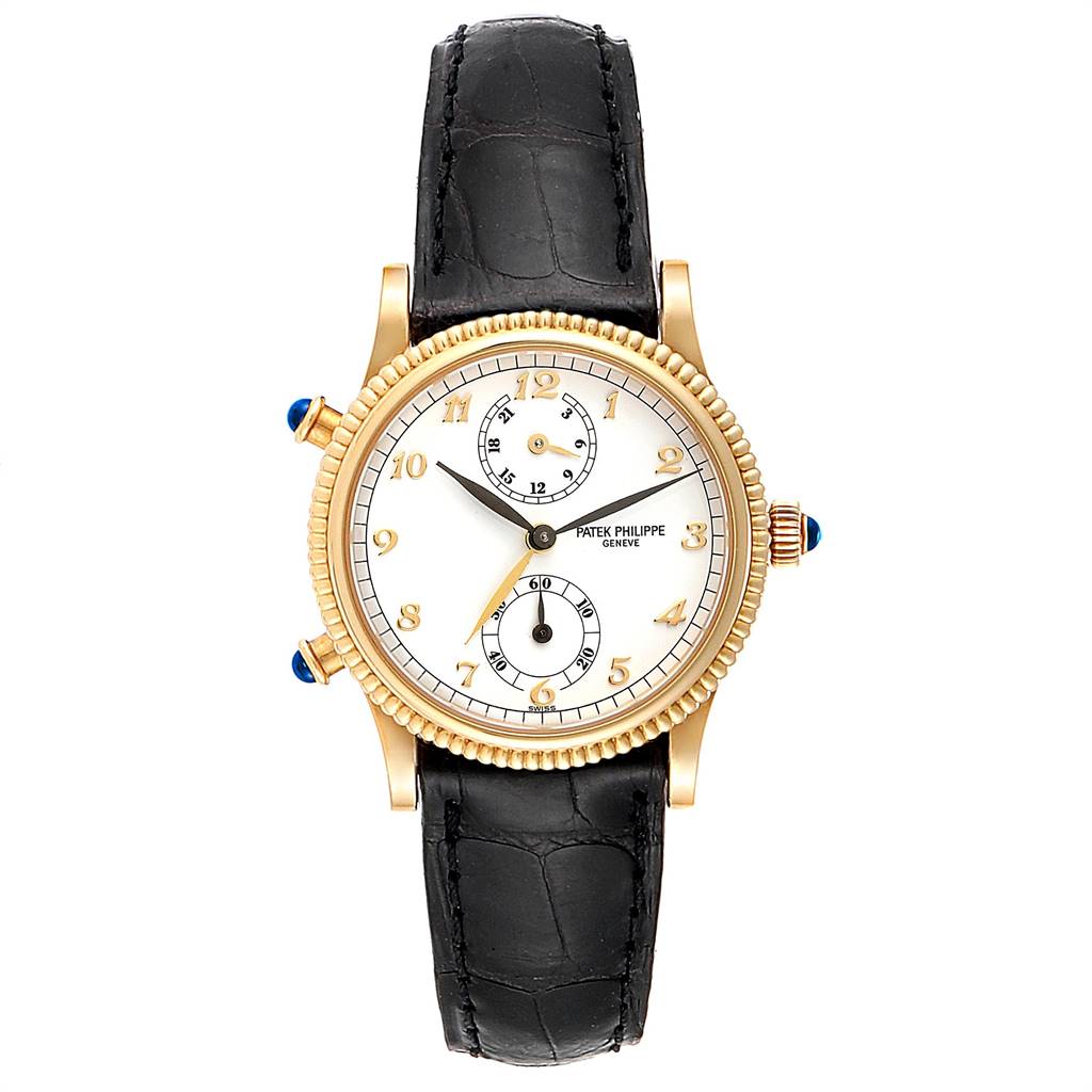 The image shows a face-on view of the Patek Philippe Calatrava 4864J Women's Yellow Gold White Dial 4864J Women's Yellow Gold White Dial watch with a black leather strap and gold casing.