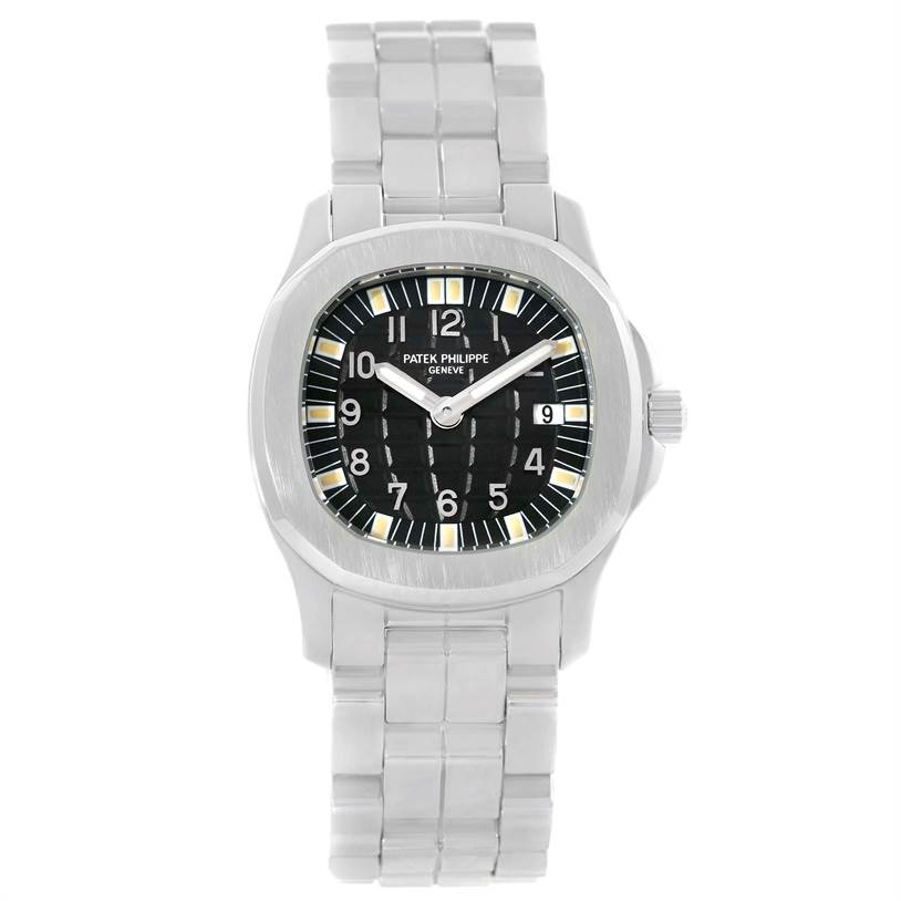 The Patek Philippe Aquanaut 4960/1A-001 Women's Stainless Steel Black Dial 4960/1A-001 Women's Stainless Steel Black Dial watch is shown from a front angle, displaying the dial, case, and bracelet.