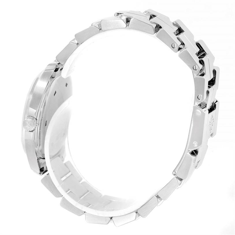 This image shows a side profile of the Patek Philippe Aquanaut 4960/1A-001 Women's Stainless Steel Black Dial 4960/1A-001 Women's Stainless Steel Black Dial watch, highlighting its case and bracelet.