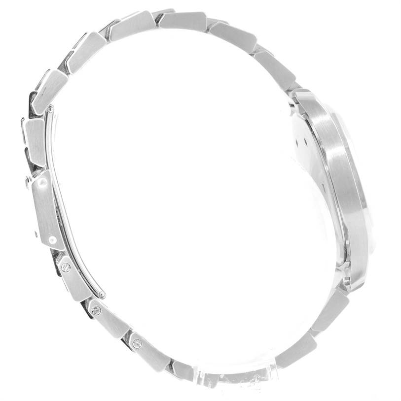 This is a side view of the Patek Philippe Aquanaut 4960/1A-001 Women's Stainless Steel Black Dial 4960/1A-001 Women's Stainless Steel Black Dial watch showing the case and metal bracelet.