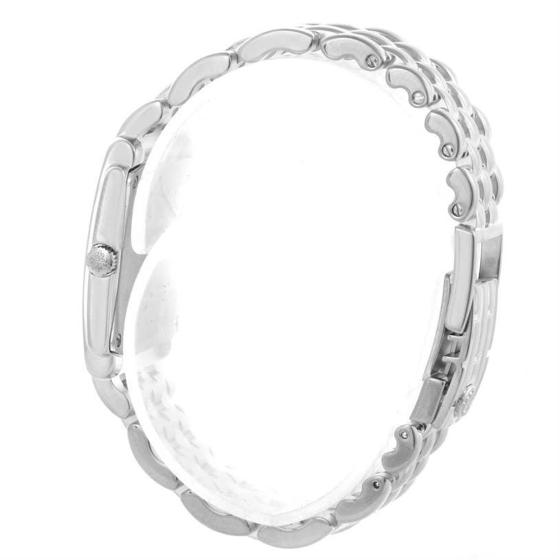 This image shows the side view of the Patek Philippe Gondolo 4824 Women's White Gold White Dial 4824 Women's White Gold White Dial watch, highlighting its bracelet and crown.