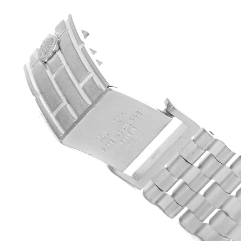This image shows the clasp and part of the bracelet of a Patek Philippe Gondolo 4824 Women's White Gold White Dial 4824 Women's White Gold White Dial watch from an angled perspective.
