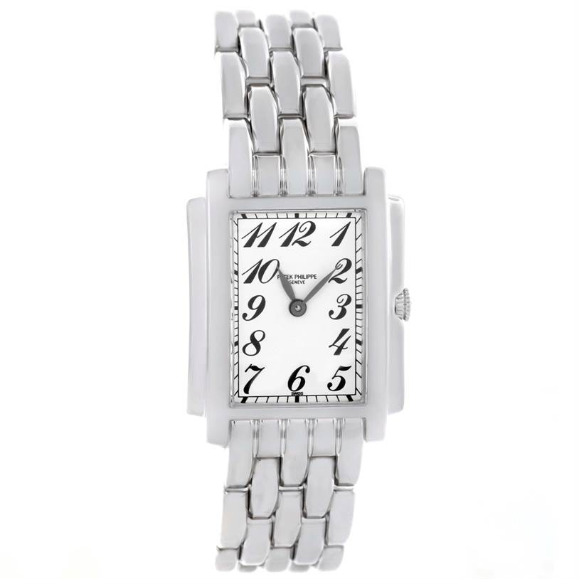 The image shows a frontal view of a Patek Philippe Gondolo 4824 Women's White Gold White Dial 4824 Women's White Gold White Dial watch, highlighting its rectangular face and metal bracelet.