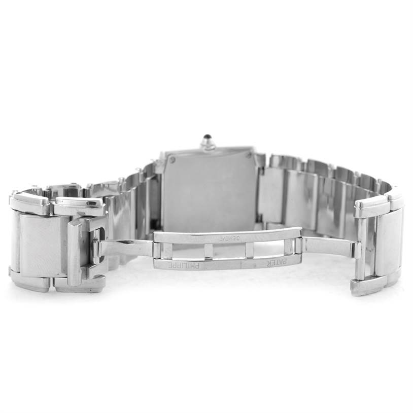 The image shows the opened clasp and bracelet of the Patek Philippe Twenty-4 4910/10A-011 Women's Stainless Steel Silver Dial 4910/10A-011 Women's Stainless Steel Silver Dial model watch viewed from the back.