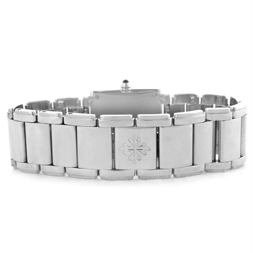 This image shows the stainless steel bracelet and clasp of the Patek Philippe Twenty-4 4910/10A-011 Women's Stainless Steel Silver Dial 4910/10A-011 Women's Stainless Steel Silver Dial watch from the rear.