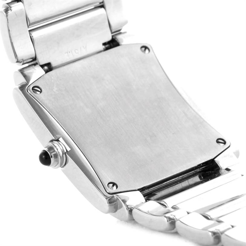 This image shows the back case and part of the bracelet of a Patek Philippe Twenty-4 4910/10A-011 Women's Stainless Steel Silver Dial 4910/10A-011 Women's Stainless Steel Silver Dial model watch.