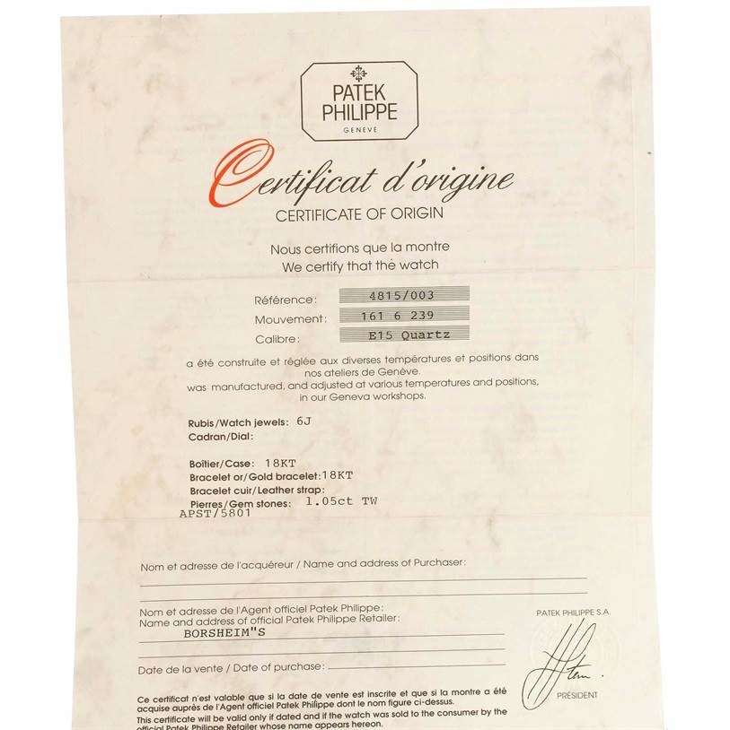 The image shows a Certificate of Origin for the La Flamme model by Patek Philippe, detailing specifications such as reference number and materials.