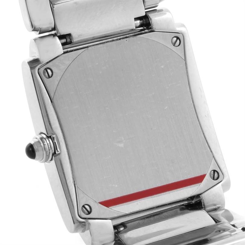 This is a close-up view of the back side of a Patek Philippe Twenty-4 4910/10A-010 Women's Stainless Steel Grey Dial 4910/10A-010 Women's Stainless Steel Grey Dial watch, showing the case back and part of the bracelet.