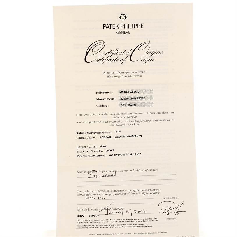 The image shows a Certificate of Origin for the Twenty-4 model by Patek Philippe, detailing specifications and authenticity.