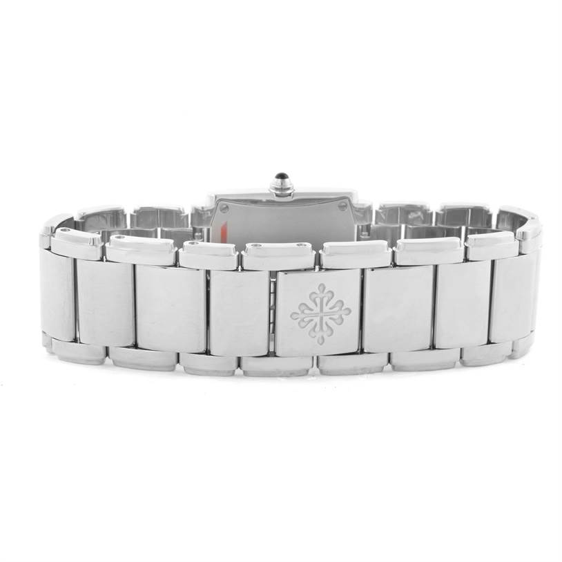 The image shows the back of the bracelet and clasp of the Patek Philippe Twenty-4 4910/10A-010 Women's Stainless Steel Grey Dial 4910/10A-010 Women's Stainless Steel Grey Dial watch.