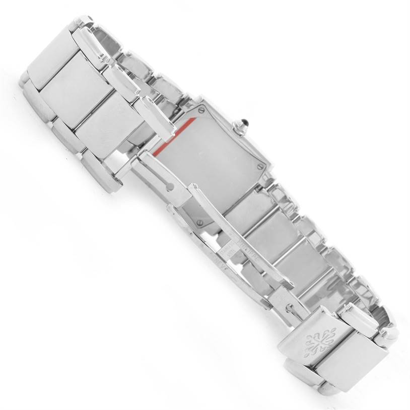 The image shows the back of a Patek Philippe Twenty-4 4910/10A-010 Women's Stainless Steel Grey Dial 4910/10A-010 Women's Stainless Steel Grey Dial model watch, highlighting its bracelet and clasp.