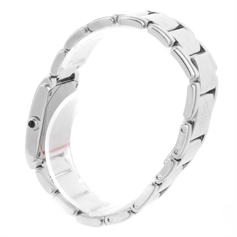 The image shows a side view of a Patek Philippe Twenty-4 4910/10A-010 Women's Stainless Steel Grey Dial 4910/10A-010 Women's Stainless Steel Grey Dial model watch bracelet and clasp.