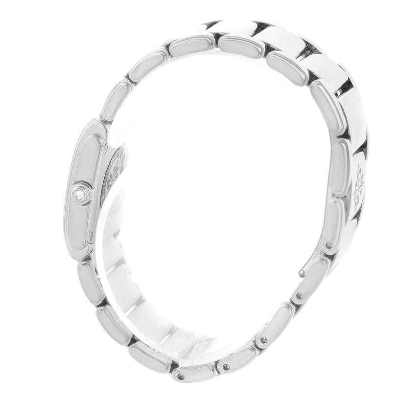 This image shows a side view of the bracelet and side case of the Patek Philippe Twenty-4 4908/200G-011 Women's White Gold Silver Dial 4908/200G-011 Women's White Gold Silver Dial watch.