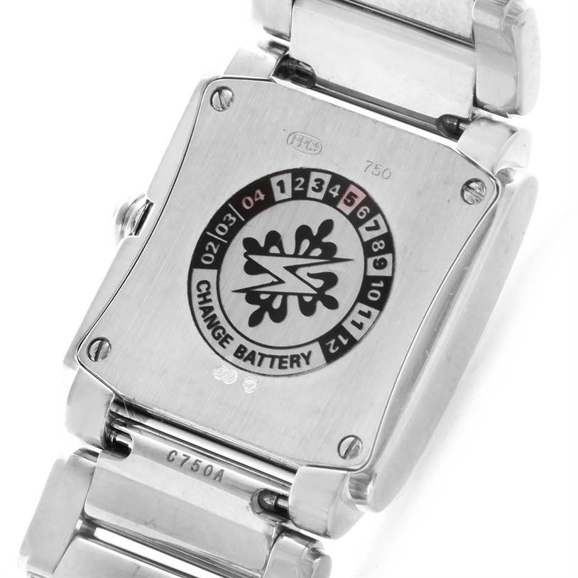 The image shows the back case and bracelet of a Patek Philippe Twenty-4 4908/200G-011 Women's White Gold Silver Dial 4908/200G-011 Women's White Gold Silver Dial watch, focusing on the battery change reminder.