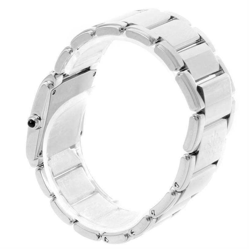 This image shows the side view of the Patek Philippe Twenty-4 4910/10A-010 Women's Stainless Steel Grey Dial 4910/10A-010 Women's Stainless Steel Grey Dial watch, featuring its stainless steel bracelet and clasp.