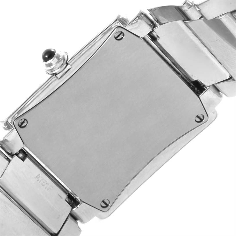 The image shows the back side and bracelet of a Patek Philippe Twenty-4 4910/10A-010 Women's Stainless Steel Grey Dial 4910/10A-010 Women's Stainless Steel Grey Dial watch, highlighting the case back and crown.
