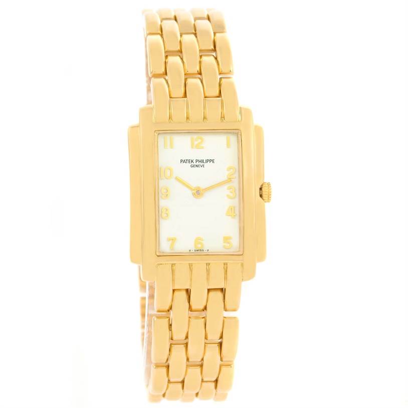 The image shows a front view of the Patek Philippe Gondolo 4824 Women's Yellow Gold White Dial 4824 Women's Yellow Gold White Dial watch, highlighting its rectangular face and gold bracelet.