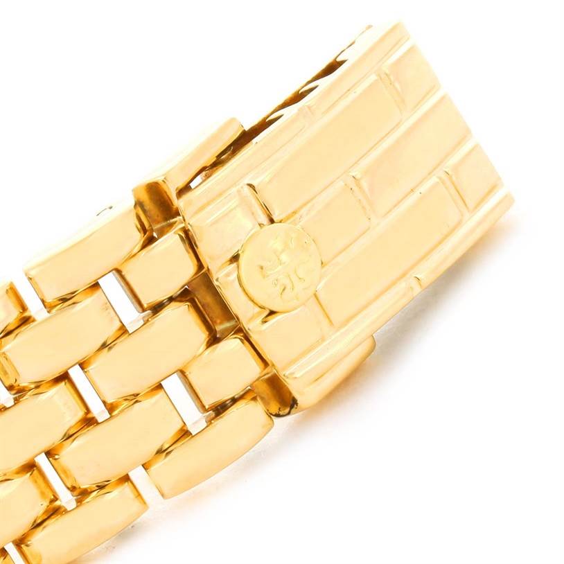 This image shows the gold bracelet and clasp of a Patek Philippe Gondolo 4824 Women's Yellow Gold White Dial 4824 Women's Yellow Gold White Dial watch at a slight angle.