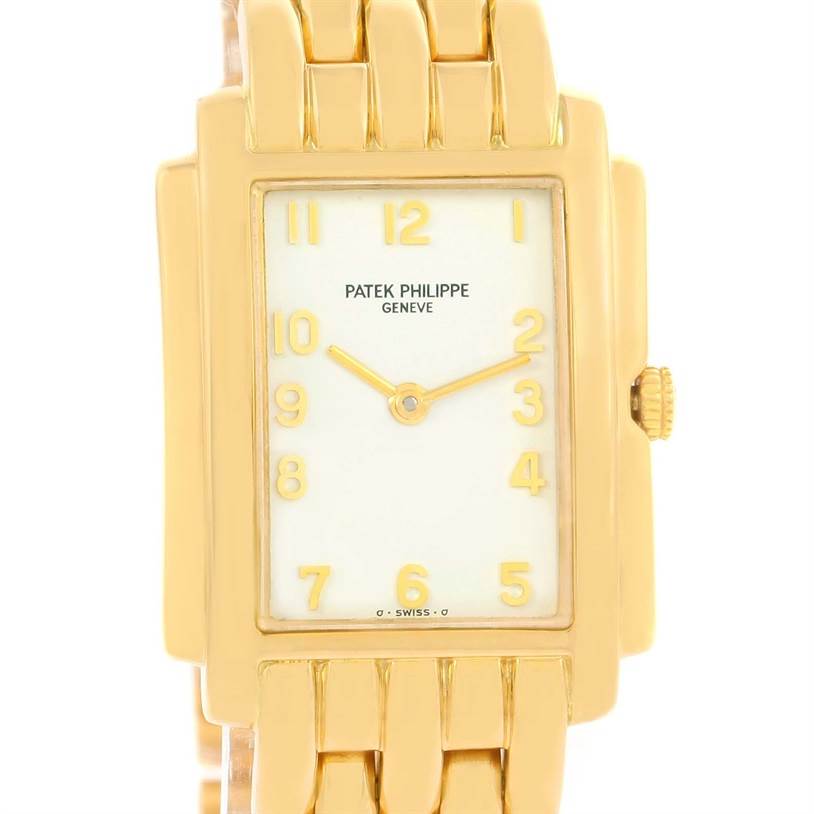 This is a front view of the Patek Philippe Gondolo 4824 Women's Yellow Gold White Dial 4824 Women's Yellow Gold White Dial wristwatch, showing the face, dial, and part of the bracelet.