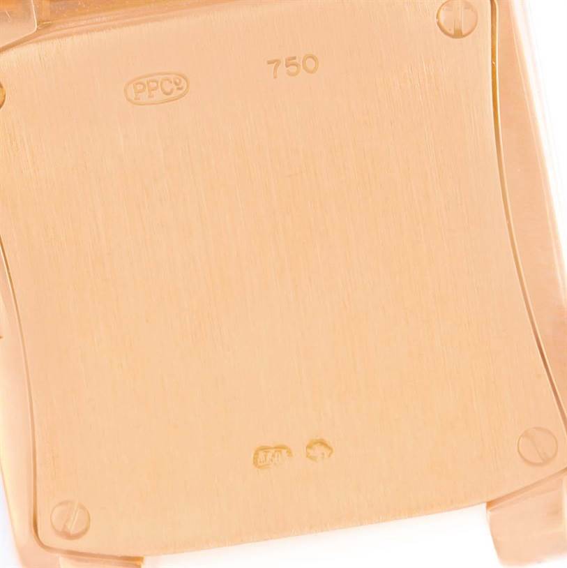 This image shows the case back of a Patek Philippe Twenty-4 4908/11R Women's Rose Gold Black Dial 4908/11R Women's Rose Gold Black Dial watch viewed from the back.