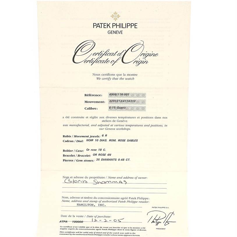 The image features a Certificate of Origin for a Twenty-4 model by Patek Philippe.