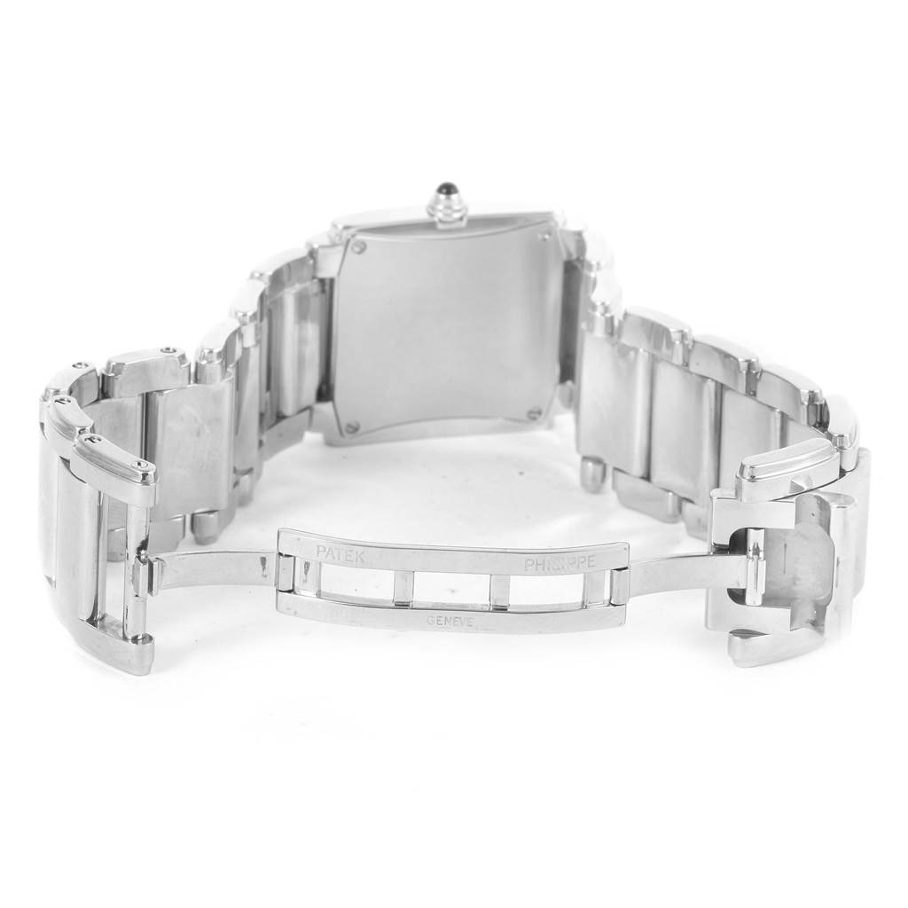 The image shows the back view of a Patek Philippe Twenty-4 4910/10A-001 Women's Stainless Steel Black Dial 4910/10A-001 Women's Stainless Steel Black Dial watch, featuring the clasp and bracelet.